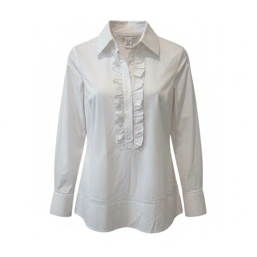 Diane Von Furstenberg white ruffle button down, size 6